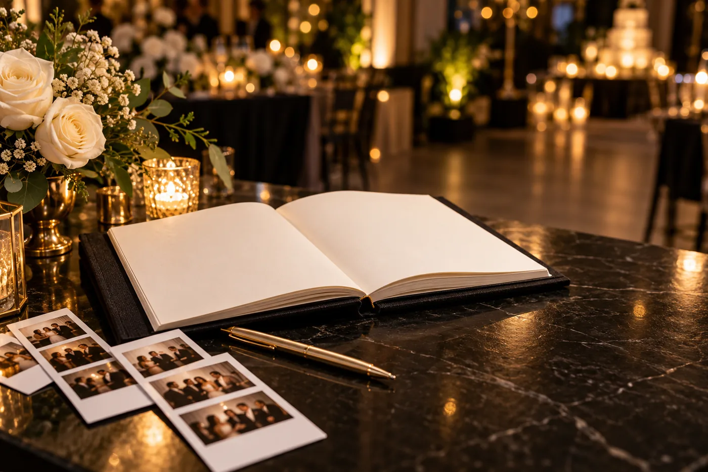 Luxury guestbook, photo prints and flowers on a dark table